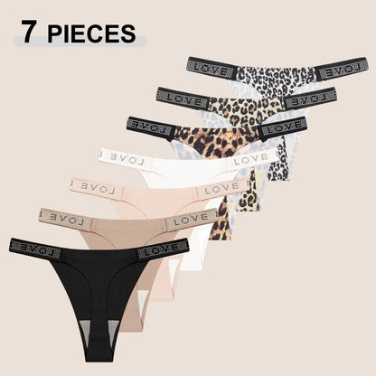 Conjunto de 7 tangas con estampado de leopardo y letras de cristal para mujer, ropa interior suave y transpirable de cintura baja, sin marcas.