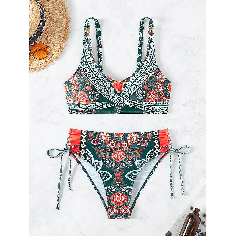 Conjunto de bikini para mujer, novedad de 2025, traje de baño de talla grande con efecto push up y estampado floral grande, ropa de playa.
