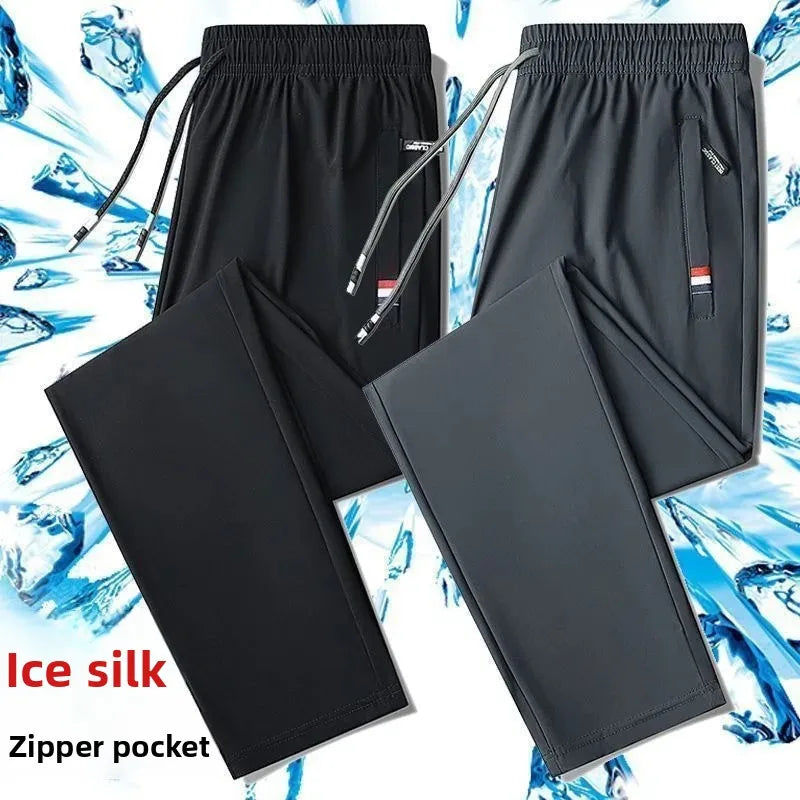Pantalones deportivos de seda de hielo para hombre, de verano, finos, elásticos, sueltos, informales, transpirables, para correr al aire libre, pantalones largos, talla grande