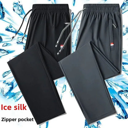 Pantalones deportivos de seda de hielo para hombre, de verano, finos, elásticos, sueltos, informales, transpirables, para correr al aire libre, pantalones largos, talla grande