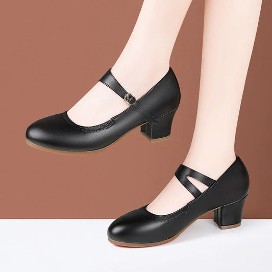 Zapatos Mary Jane de plataforma de piel suave, cómodos y poco profundos, de 3,5 cm y 5,5 cm, para primavera de 2025, con tacón de bloque mediano, para oficina y mamá.
