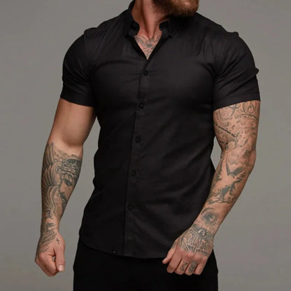 Camisas de vestir ajustadas para hombre, estilo casual de verano, con cuello vuelto, manga corta y botones LXDZ-110