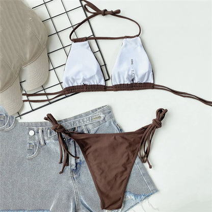 Conjunto de bikini micro con tanga y cuello halter para mujer, traje de baño sexy con cordones y aberturas, bikinis 2025