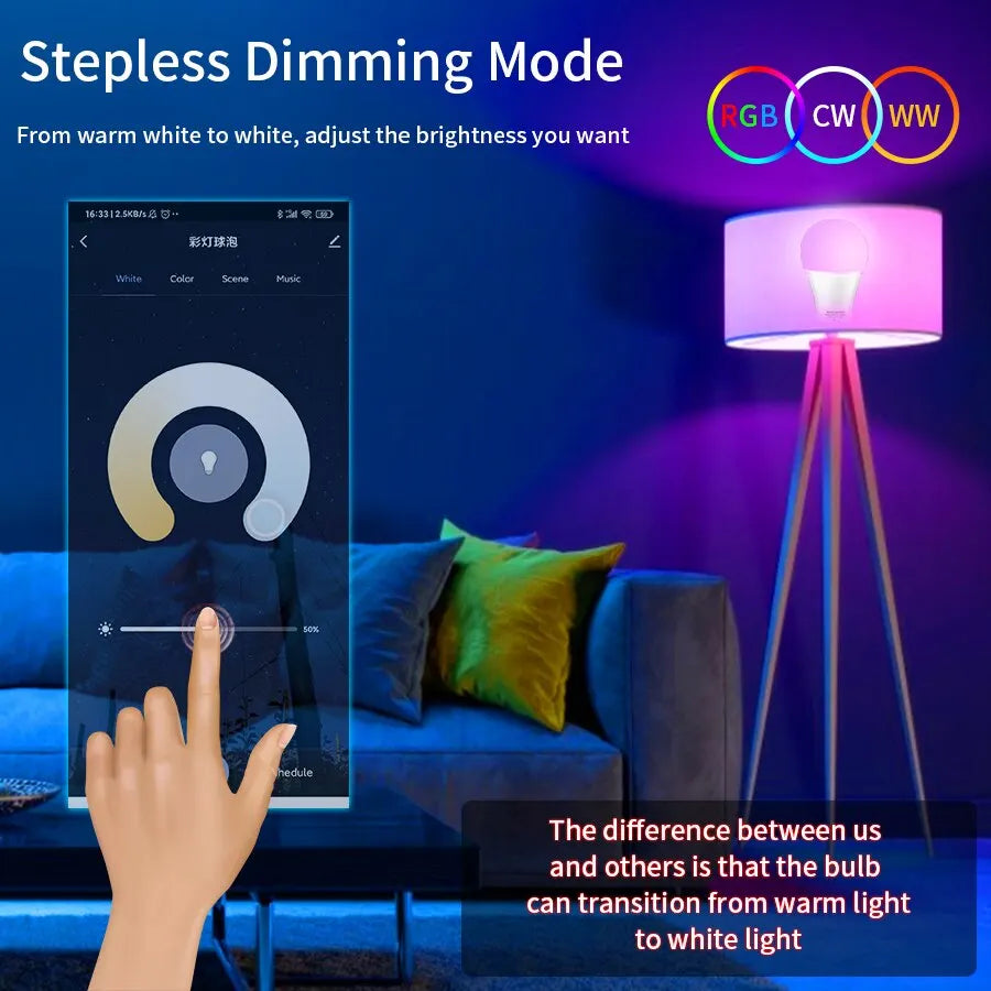 Bombilla LED inteligente Tuya E27 con control por aplicación, luz regulable, Bluetooth, RGB, 220 V, para decoración de dormitorio, fiestas, iluminación inteligente