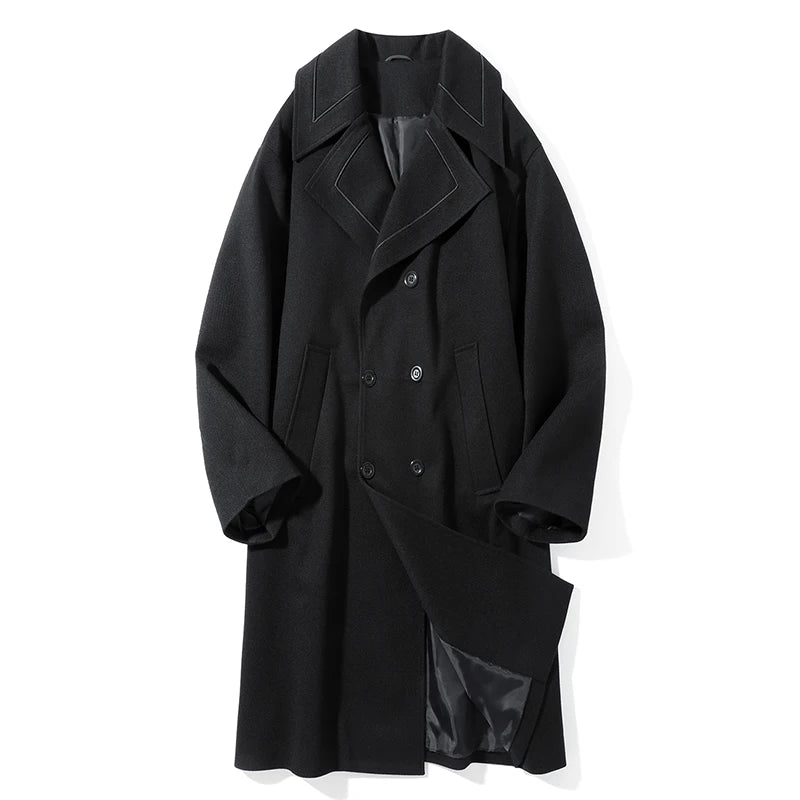 Trench Men Long Woolen Coats Autumn Winter Fashion Turn Down Collar Casual Outwear Male Double Breasted Loose Solid Chic Coat