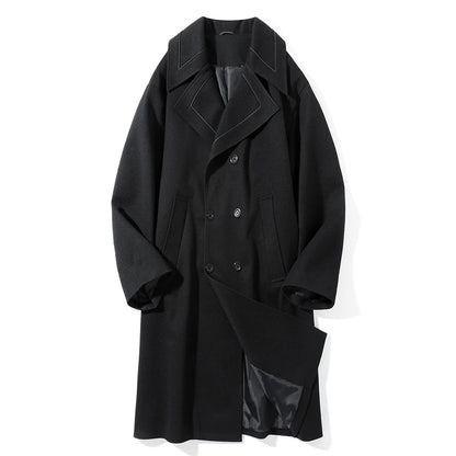 Trench Men Long Woolen Coats Autumn Winter Fashion Turn Down Collar Casual Outwear Male Double Breasted Loose Solid Chic Coat