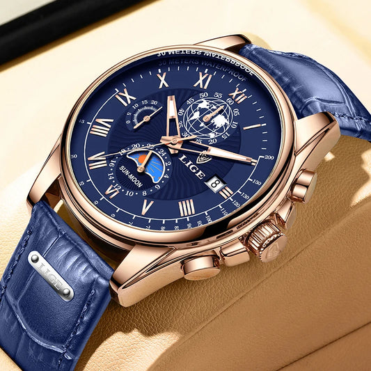 LIGE 2024 - Nuevo reloj de cuero azul para hombre, marca de lujo, resistente al agua, deportivo, con fecha, de cuarzo, Masculino