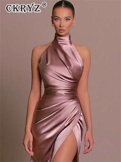 Vestidos de fiesta de verano para mujer, de satén, sin mangas, espalda descubierta, escote halter, abertura lateral, elegantes, largos, estilo Mowan.