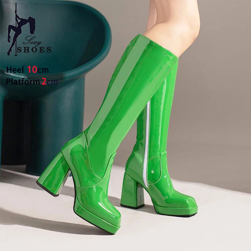 Botas altas impermeables para mujer, con plataforma de 10 cm y punta cuadrada, botines de invierno 2025 hasta la rodilla con tacón grueso, talla grande 43