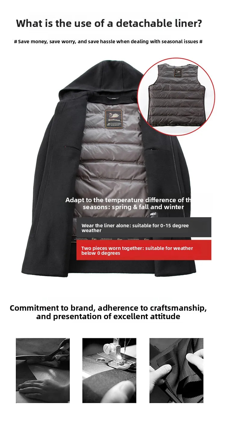 Abrigo largo de lana para hombre COMXZ, colección invierno 2025, gabardina de cachemir de diseño, chaqueta con capucha y forro de plumón de pato blanco, abrigo de lana de lujo