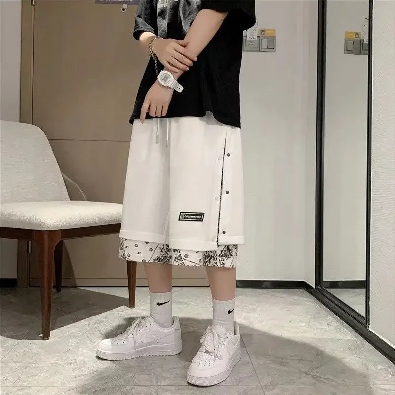 Pantalones cortos de estilo americano con cintura elástica para hombre, marca de moda, estilo hip hop, ropa de calle, holgados, de dos piezas, estilo casual de verano.