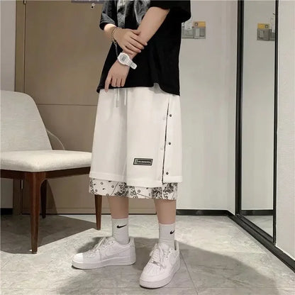 Pantalones cortos de estilo americano con cintura elástica para hombre, marca de moda, estilo hip hop, ropa de calle, holgados, de dos piezas, estilo casual de verano.