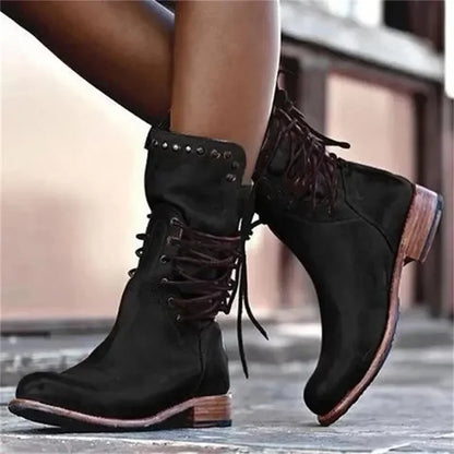Botas de media caña con remaches para mujer, botines de caballero a la moda, estilo británico, para otoño e invierno, con cordones cruzados, de PU