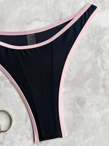 Conjuntos de bikini negros sexys con borde rosa, traje de baño con cuello en V para mujer 2025, microtanga de corte alto, bikinis de mujer