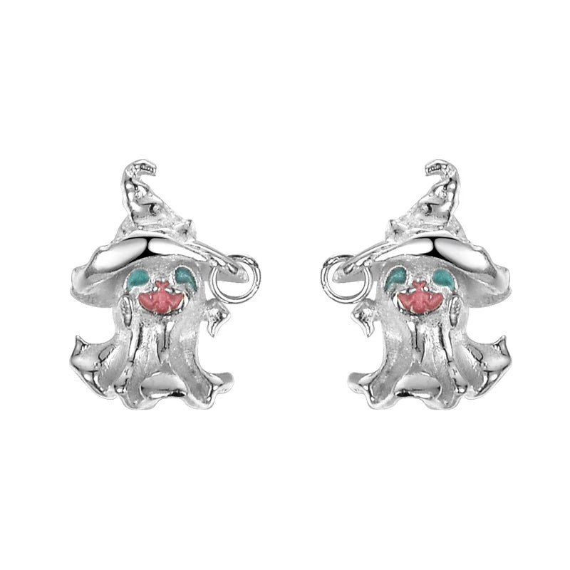 Pendientes de plata de ley 925 con forma de sombrero mágico y fantasma para mujeres y niñas, con personalidad, estética y accesorios de joyería de Halloween.