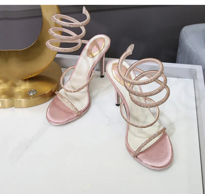 Sandalias de verano de moda para mujer, con diseño de serpiente y cristales, adornadas con lujosos diamantes de imitación y tacones finos estilo gladiador. Ideales para fiestas y eventos.