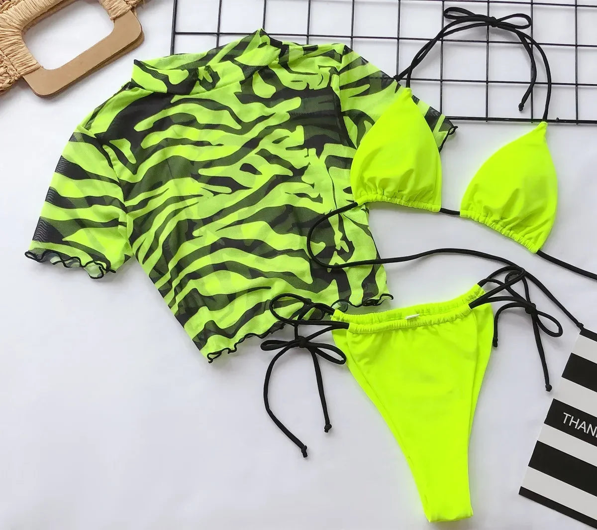 Conjunto de bikini sexy de 3 piezas para mujer, traje de baño de manga corta con estampado de leopardo, estilo tanga de playa 2024