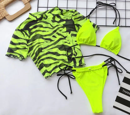 Conjunto de bikini sexy de 3 piezas para mujer, traje de baño de manga corta con estampado de leopardo, estilo tanga de playa 2024