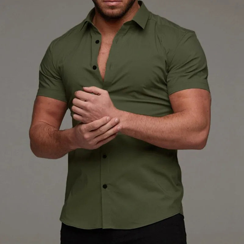 Camisas de vestir ajustadas para hombre, estilo casual de verano, con cuello vuelto, manga corta y botones LXDZ-110