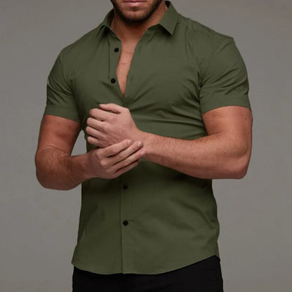 Camisas de vestir ajustadas para hombre, estilo casual de verano, con cuello vuelto, manga corta y botones LXDZ-110