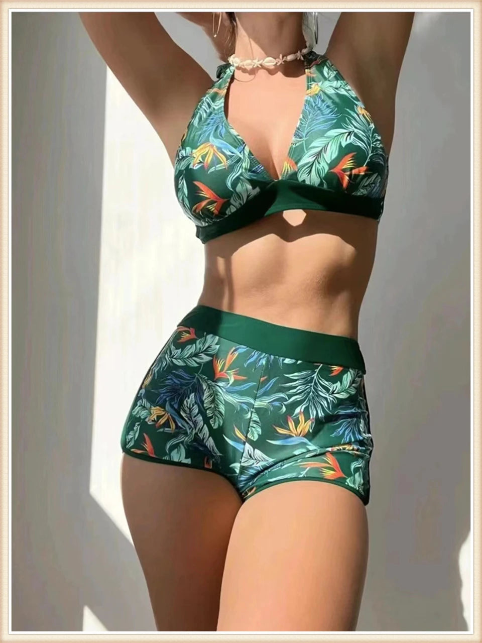 Bikini Halter 2023 para mujer, traje de baño de cintura alta, bañador sexy para mujer, traje de baño con estampado de hojas, ropa de playa de verano