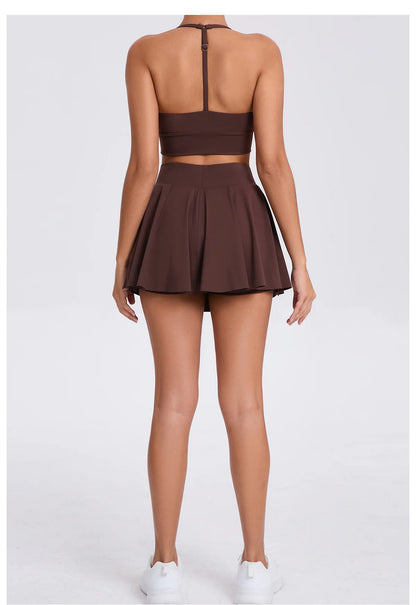 Conjunto de yoga para mujer, sujetador deportivo para exteriores, falda de tenis antiexposición, camiseta sin mangas de yoga transpirable de secado rápido, novedad de 2025