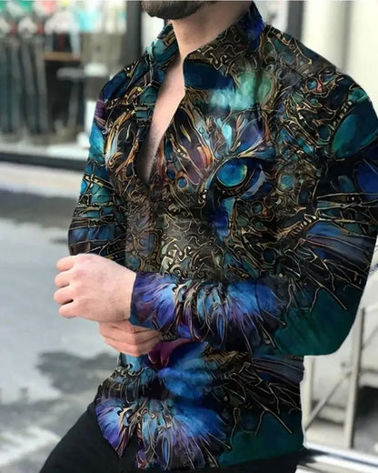 Camisa de lujo para hombre, estilo social, con botones en la solapa, estampado irregular, cárdigan de manga larga, camisa de baile de club, camisa urbana para hombre