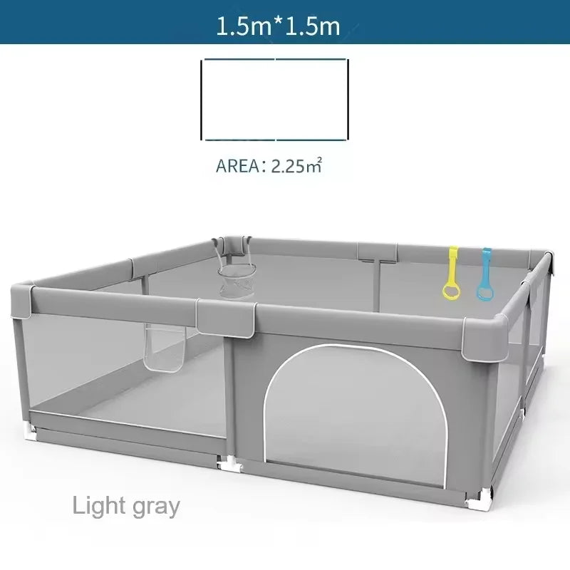 Corralito para bebés IMBABY gris claro con anilla de tiro, barrera de seguridad para niños, cerca y caja de pelota para juegos.