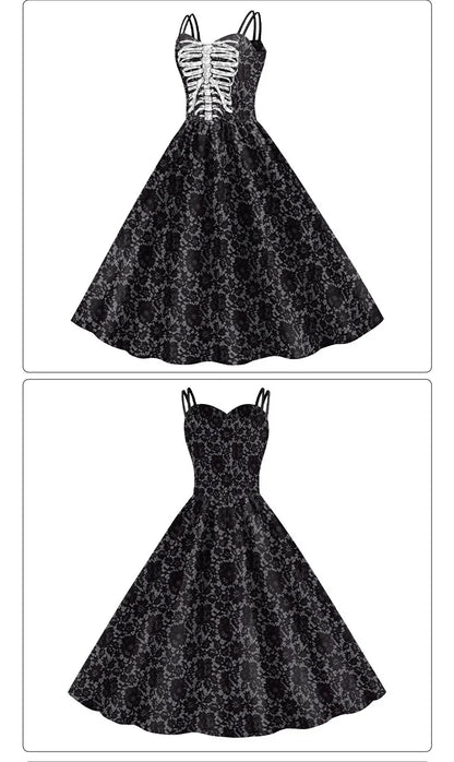 Halloween Costume Skeleton Rose Print Women Girl Female Goth Horror Rockabilly Carnival Fancy Dress Up Party Performance