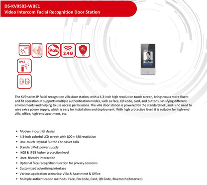 Estación de puerta IP Hikvision DS-KV9503-WBE1 con reconocimiento facial, Wi-Fi y alimentación PoE; Monitor inalámbrico para interiores DS-KH6350-WTE1.