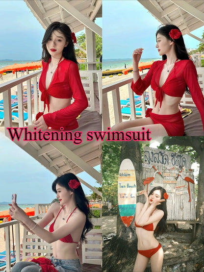 Women's Red Bali Four-Piece Bikini Set Slimming Cover-Up Swimwear Solid Flattering Two-Piece Vacation Beachwear Swimsuit