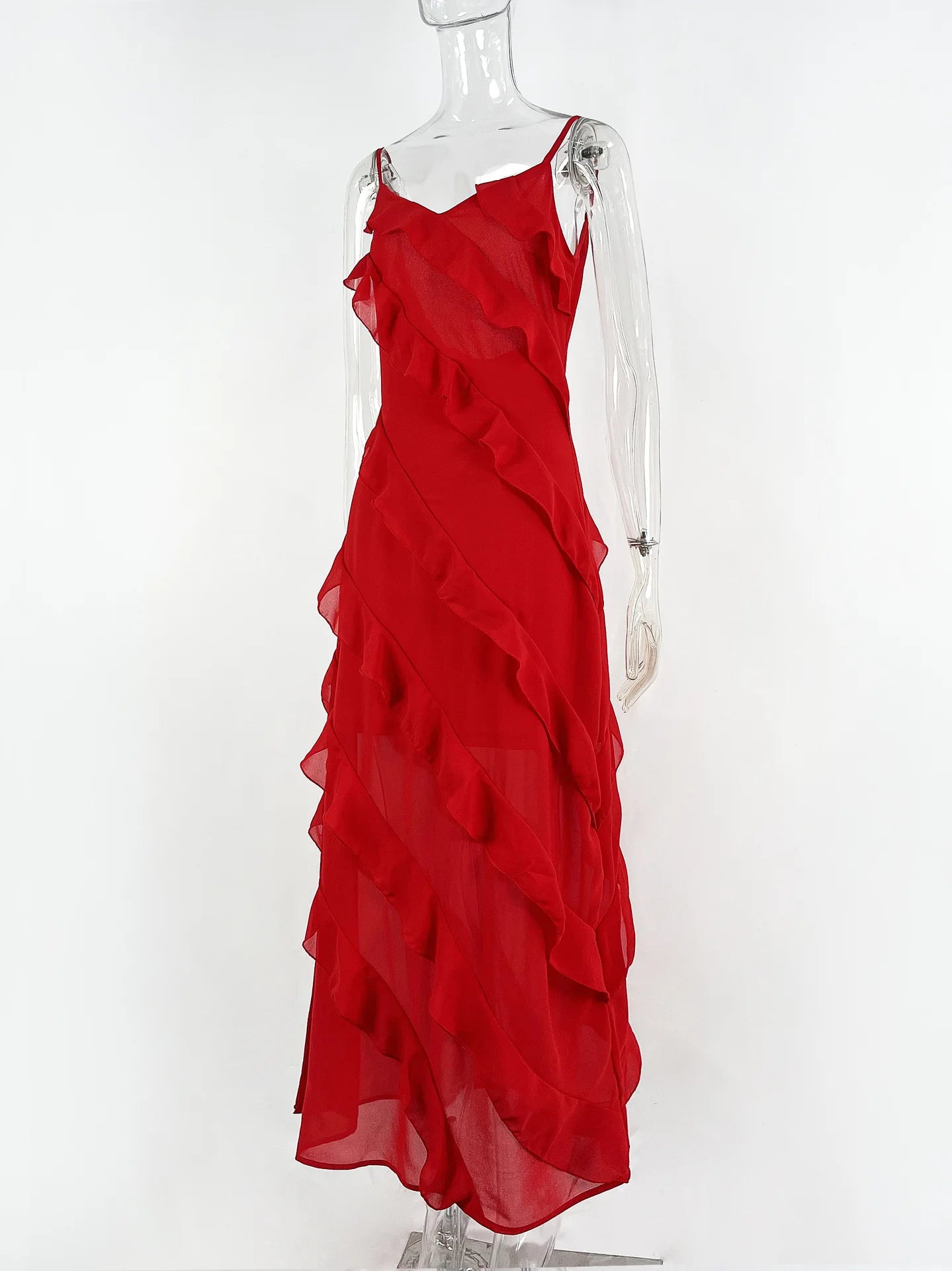 Vestido largo de gasa con volantes para mujer, estilo maxi, con espalda descubierta y abertura, ideal para fiestas de graduación, bodas y eventos de verano. Vestido largo y elegante.
