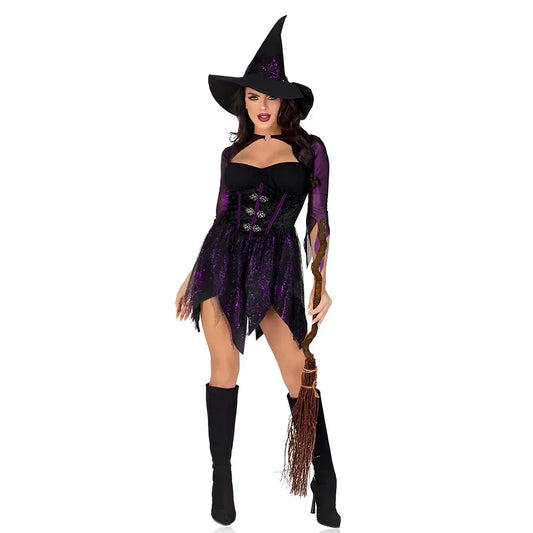 3 Piece 2025 Sexy Underwear Women Witch Long Sleeves Short Purple Triangle Lace Dress With High Hat Role Playing Cosplay Costume