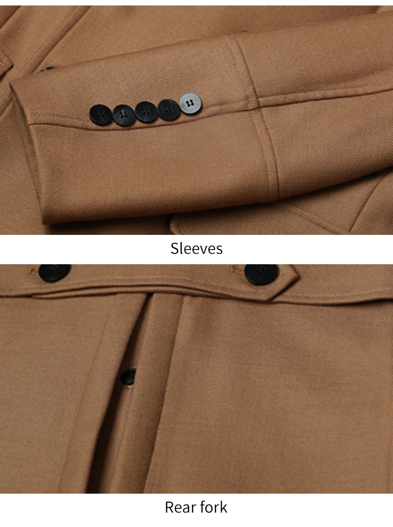 Worsted pure wool coat for men super long, knee length double breasted thickened and warm classic business wool coat for men