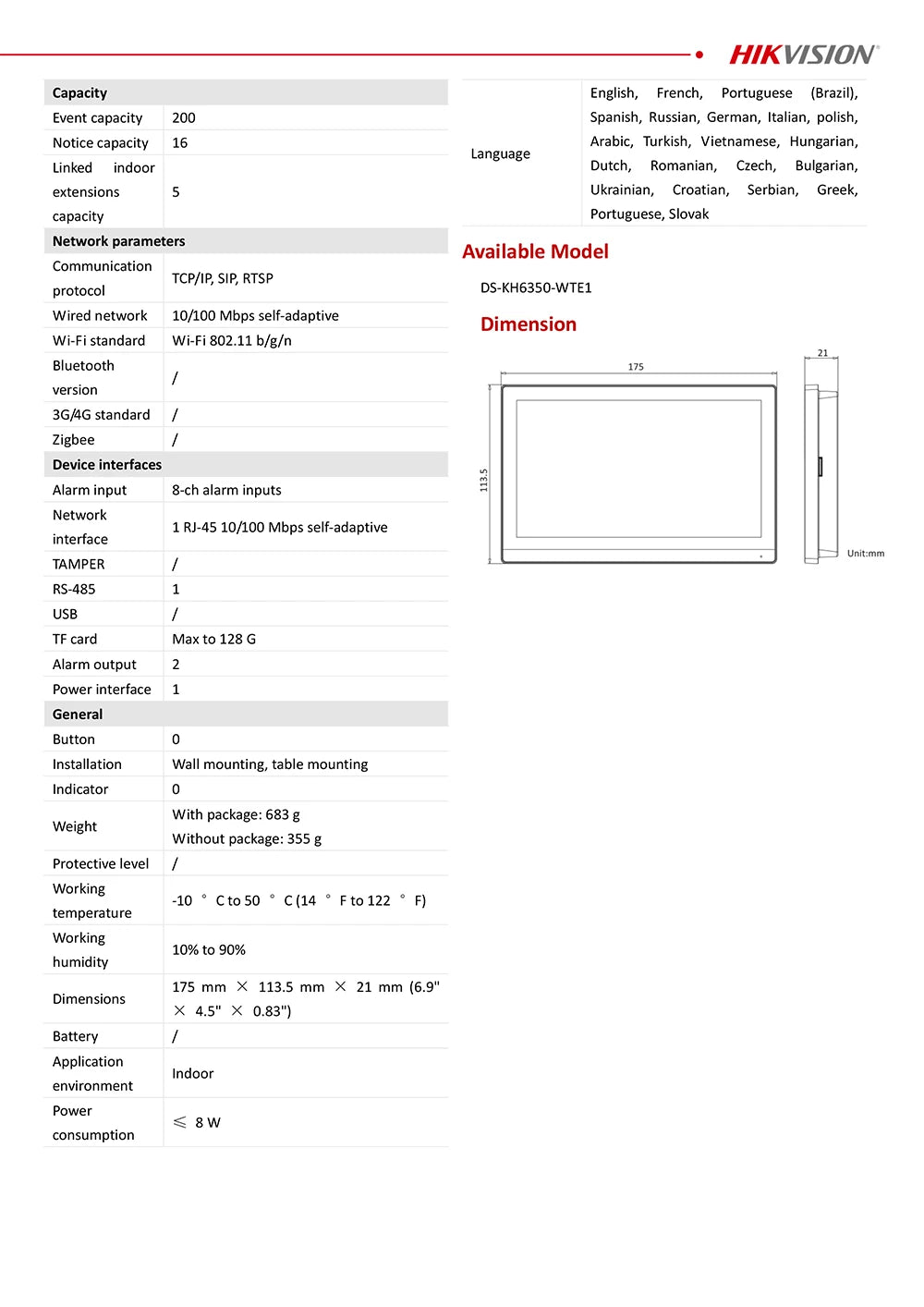 Estación de puerta IP Hikvision DS-KV9503-WBE1 con reconocimiento facial, Wi-Fi y alimentación PoE; Monitor inalámbrico para interiores DS-KH6350-WTE1.