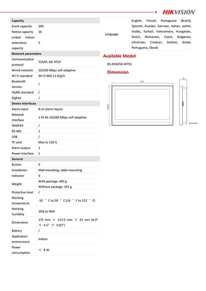 Estación de puerta IP Hikvision DS-KV9503-WBE1 con reconocimiento facial, Wi-Fi y alimentación PoE; Monitor inalámbrico para interiores DS-KH6350-WTE1.