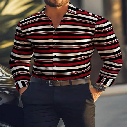 2024 new men's classic striped plaid long-sleeved shirt Men's classic red casual fashion shirt top
