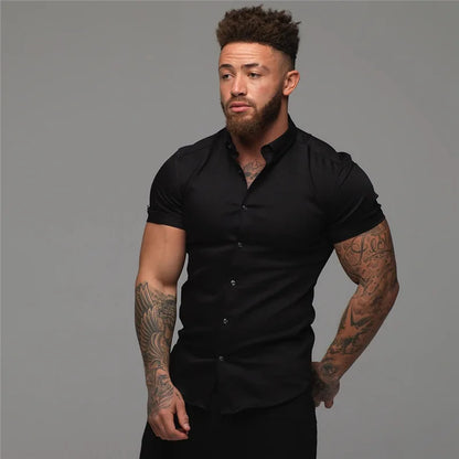 Camisas de vestir ajustadas para hombre, estilo casual de verano, con cuello vuelto, manga corta y botones LXDZ-110