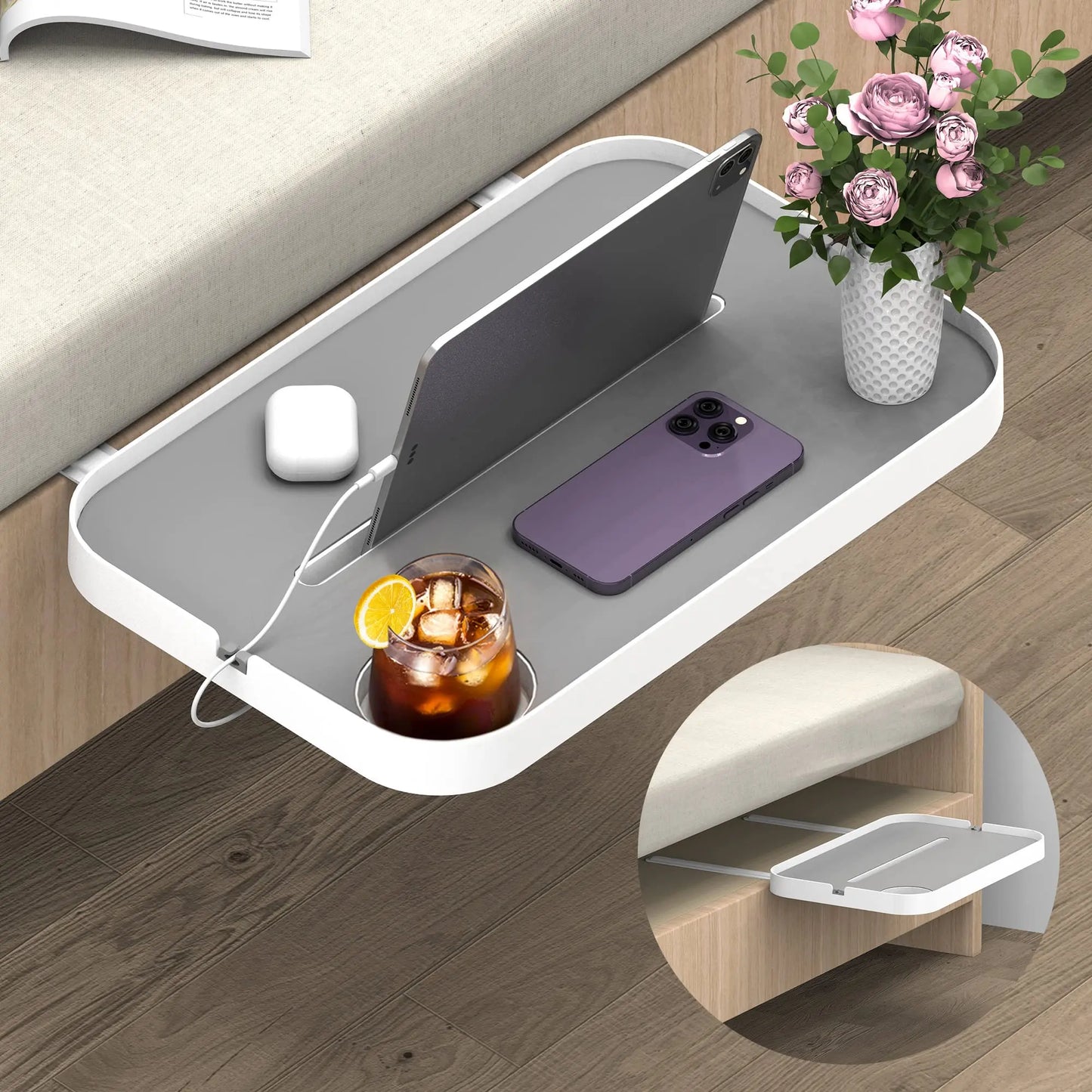 Estante de noche para cama, mesita de noche debajo del colchón, organizador de dormitorio, almacenamiento de cama, mesita de noche, bandeja de noche para cama con somier