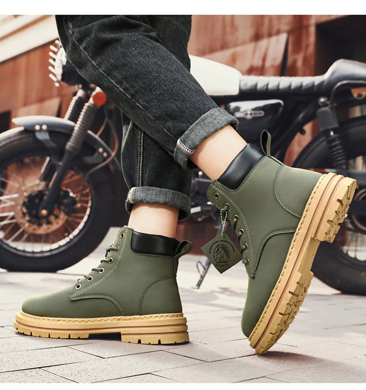 Botas altas de piel para hombre, zapatos de moda para motociclista, botines de invierno con cordones, botas vaqueras.