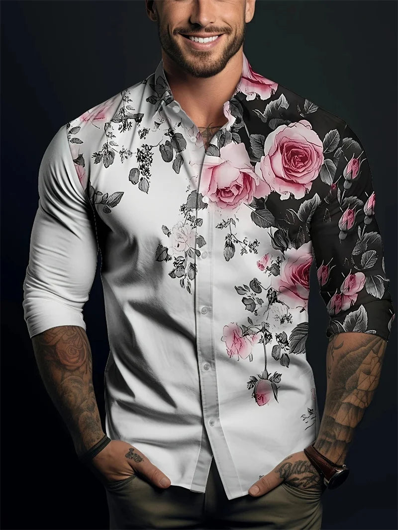 Camisa de hombre de moda, con lunares, solapa abotonada, estilo hawaiano veraniego, ideal para la ciudad o las vacaciones. Manga larga.
