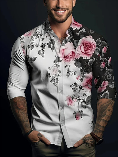 Camisa de hombre de moda, con lunares, solapa abotonada, estilo hawaiano veraniego, ideal para la ciudad o las vacaciones. Manga larga.