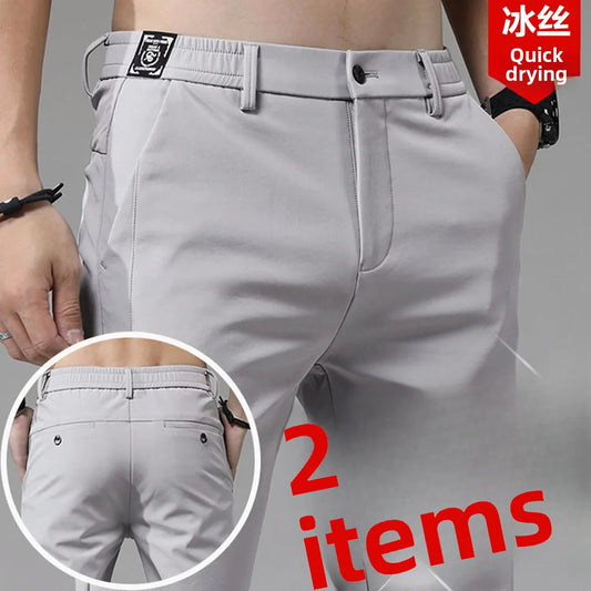 Pantalones finos de seda de hielo de verano para hombre, estilo de alta gama, adelgazantes, siluetas suaves, pantalones de pierna recta, pantalones versátiles de secado rápido
