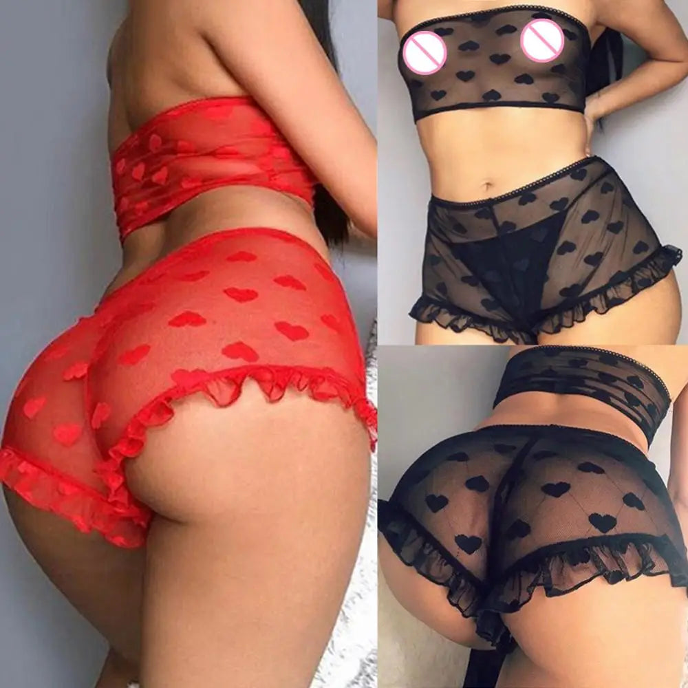 Conjunto de ropa interior erótica para mujer, top de tubo con estampado de corazones transparente, microshorts de encaje, lencería sin entrepierna, body sexy de encaje tipo babydoll.