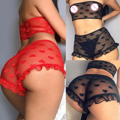 Conjunto de ropa interior erótica para mujer, top de tubo con estampado de corazones transparente, microshorts de encaje, lencería sin entrepierna, body sexy de encaje tipo babydoll.