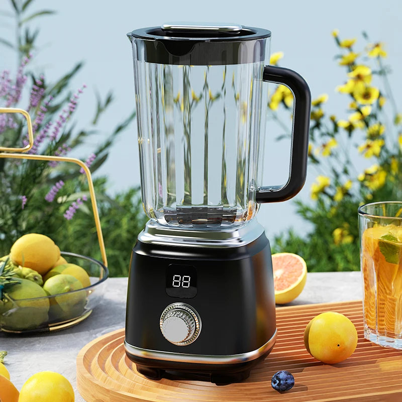 Mini exprimidor de frutas portátil con pantalla LED y carga USB para uso doméstico, ideal para preparar batidos y licuados, jugos recién exprimidos.