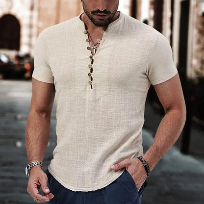 Nueva camiseta de manga corta para hombre, de algodón y lino con botones. Ropa casual para hombre. Camisetas populares para hombre.