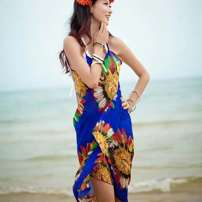 Vestido playero sexy con estampado para mujer, estilo halter, de gasa, tipo pareo, con espalda abierta