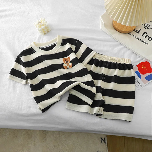 Ropa para niños, traje de manga corta, camiseta a rayas y pantalones cortos, camiseta de 2 piezas, ropa de verano para bebés, ropa para niños y niñas