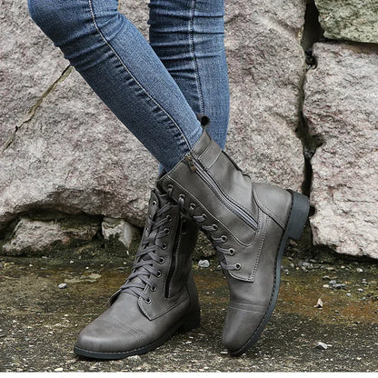 Botines de tacón cuadrado para mujer, botas de trabajo cortas de piel sintética para otoño e invierno, botas elásticas con cordones de talla grande para mujer 2024